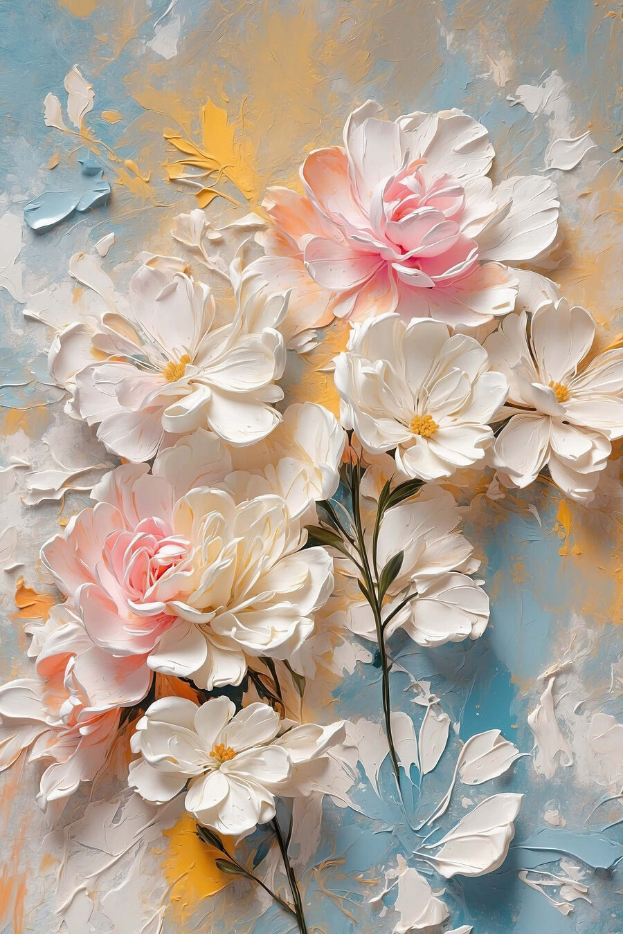 Gemälde mit Blumen auf blauem und gelbem Hintergrund Gemälde mit Blumen auf blauem und gelbem Hintergrund