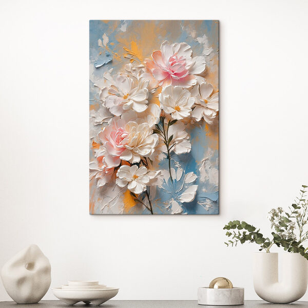 Gemälde mit Blumen auf blauem und gelbem Hintergrund Gemälde mit Blumen auf blauem und gelbem Hintergrund