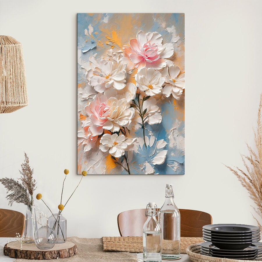 Gemälde mit Blumen auf blauem und gelbem Hintergrund Gemälde mit Blumen auf blauem und gelbem Hintergrund