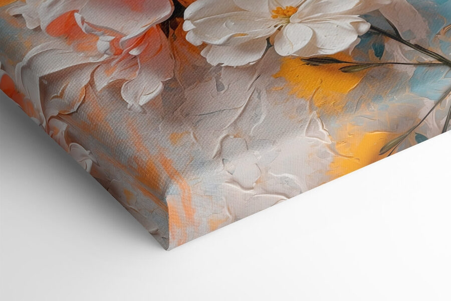 Gemälde mit Blumen auf blauem und gelbem Hintergrund Gemälde mit Blumen auf blauem und gelbem Hintergrund
