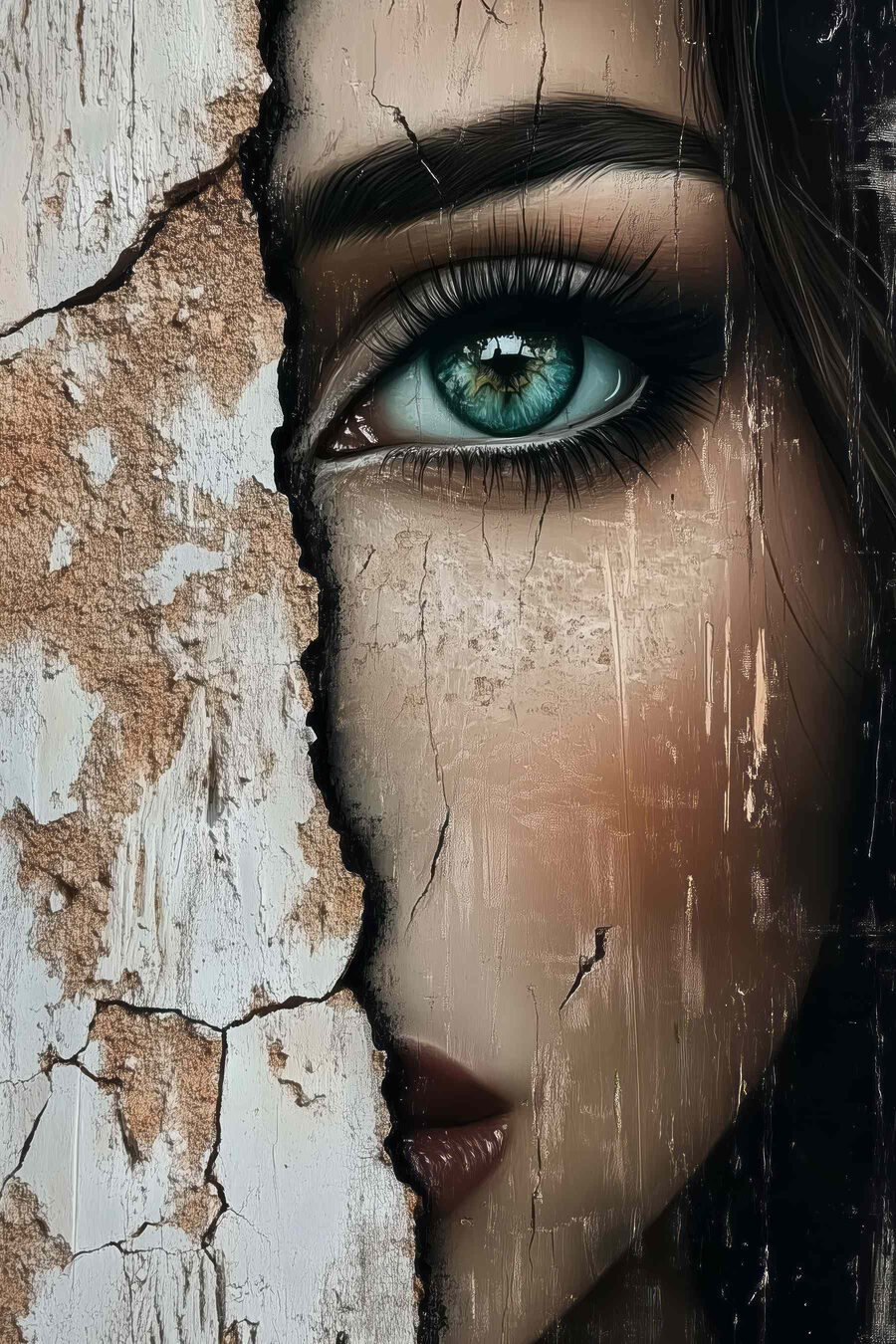 Frau’s Gesicht mit einer rissigen Wand