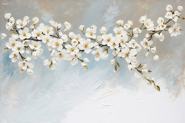 Painting of white flowers on a branch