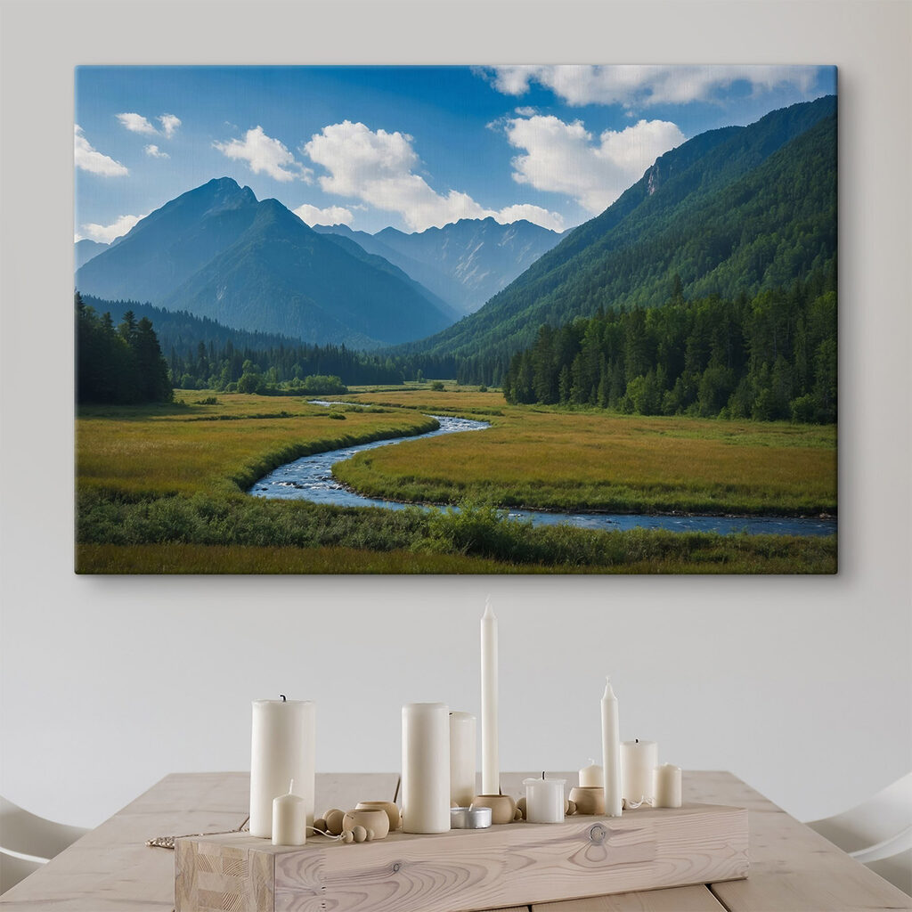 River running through a valley with mountains in the background