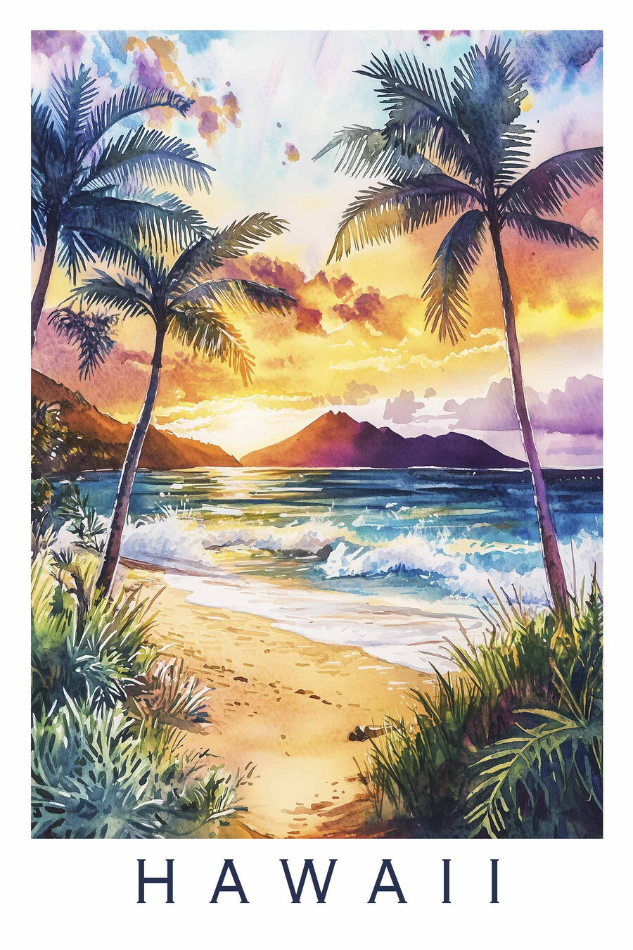 Aquarellmalerei eines Strandes mit Palmen und Wellen Aquarellmalerei eines Strandes mit Palmen und Wellen