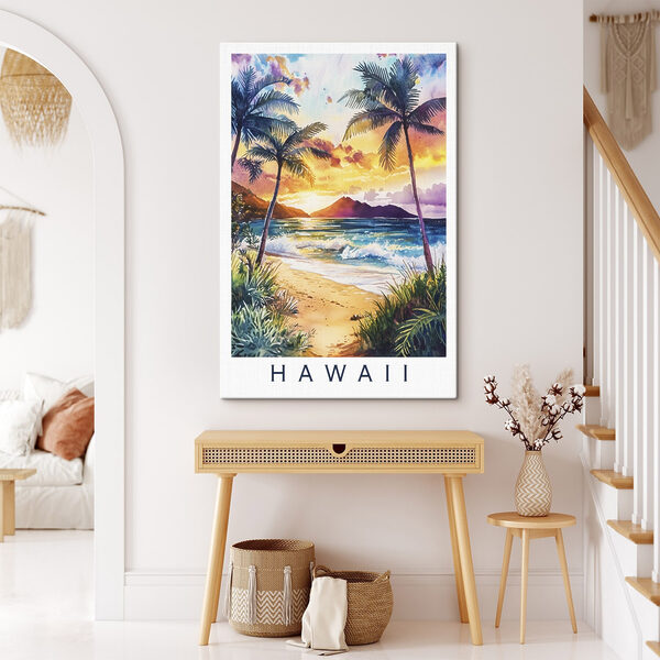 Aquarellmalerei eines Strandes mit Palmen und Wellen Aquarellmalerei eines Strandes mit Palmen und Wellen