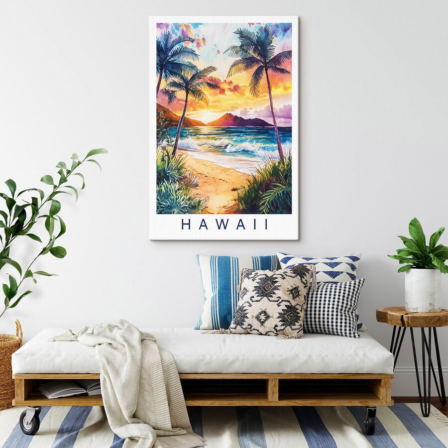 Aquarellmalerei eines Strandes mit Palmen und Wellen Aquarellmalerei eines Strandes mit Palmen und Wellen