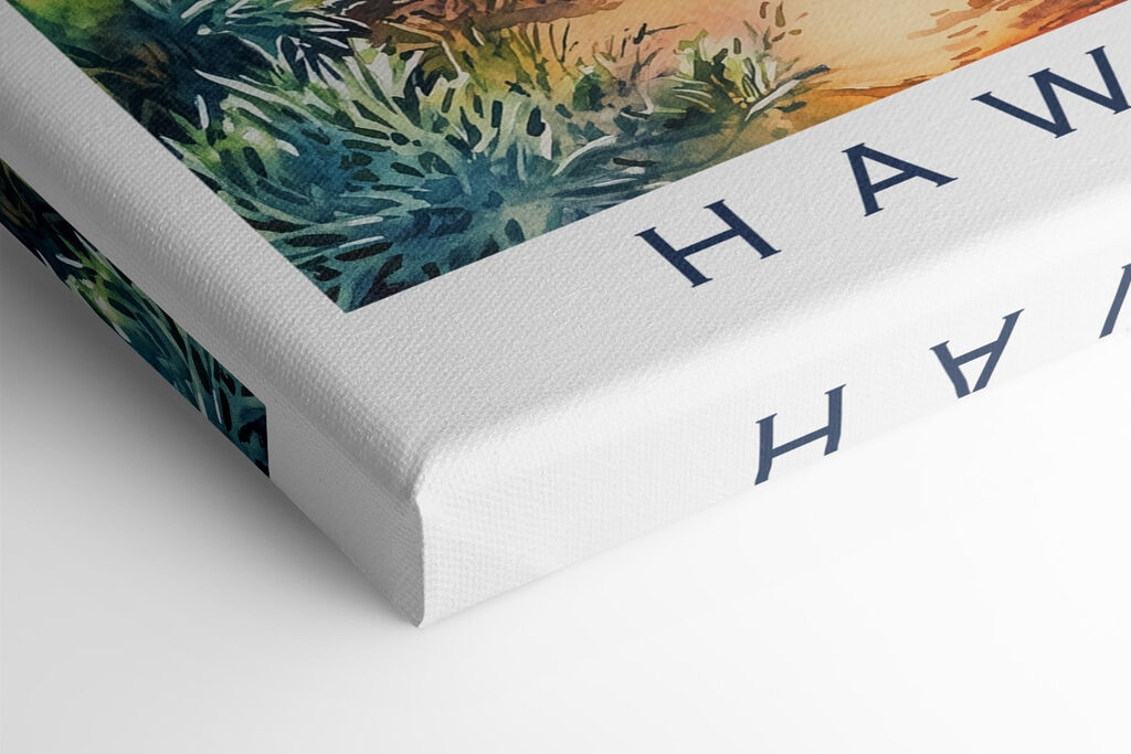 Watercolor painting of a beach with palm trees and waves