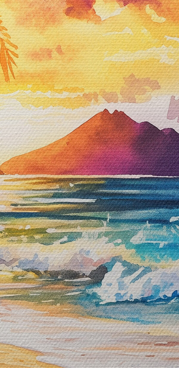 Aquarellmalerei eines Strandes mit Palmen und Wellen Aquarellmalerei eines Strandes mit Palmen und Wellen