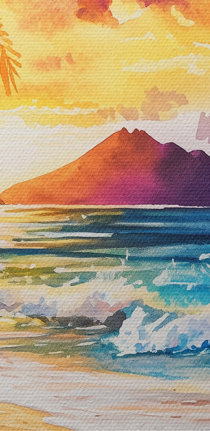 Aquarellmalerei eines Strandes mit Palmen und Wellen Aquarellmalerei eines Strandes mit Palmen und Wellen