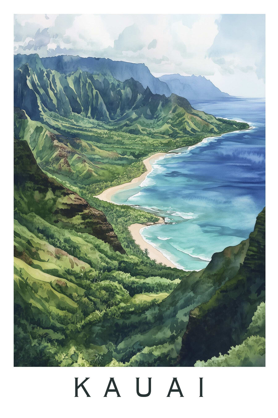 Aquarell von Strand und Bergen