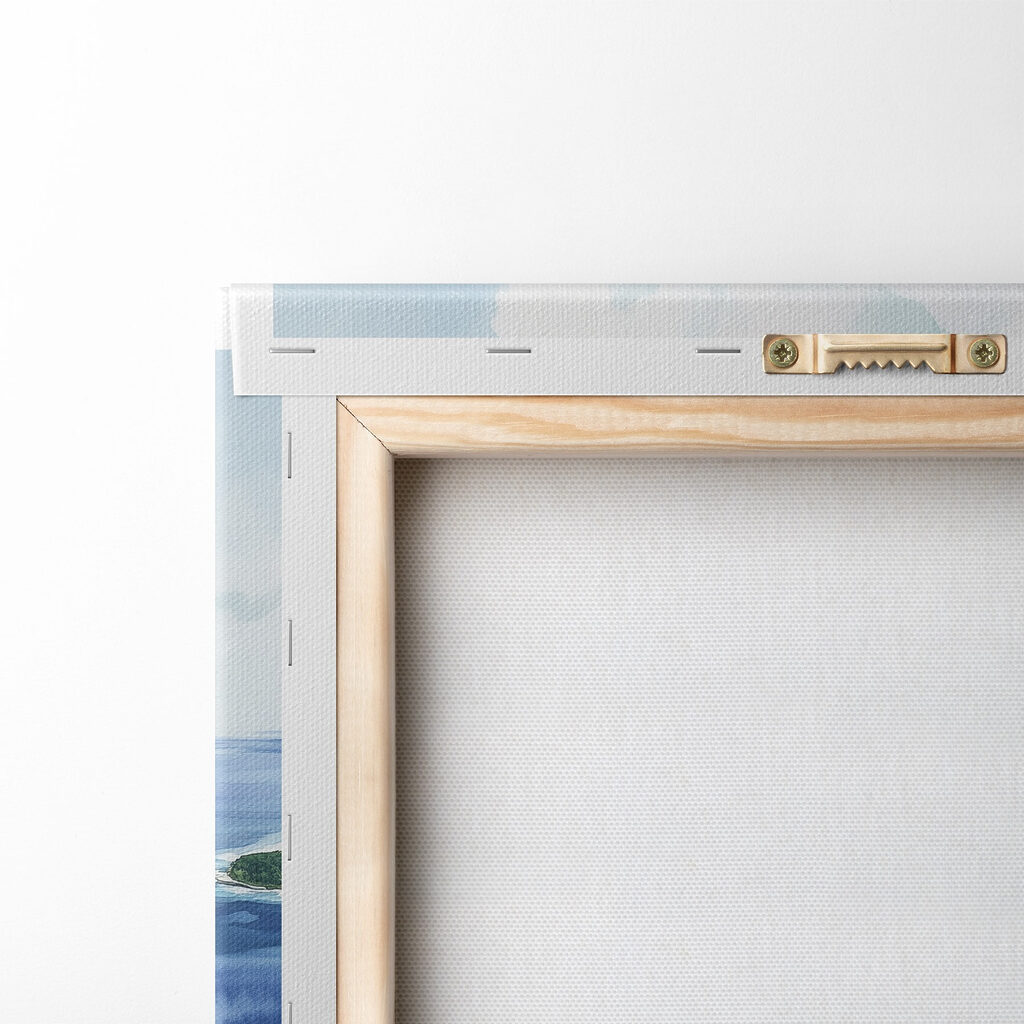 Watercolor painting of a beach and mountains