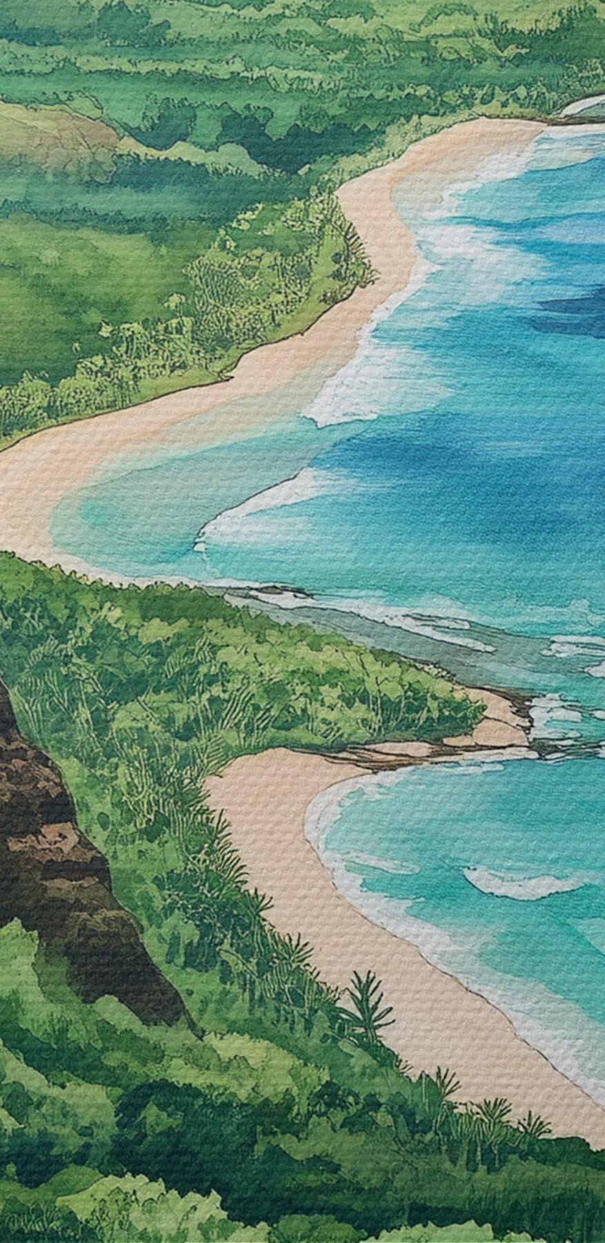 Aquarell von Strand und Bergen
