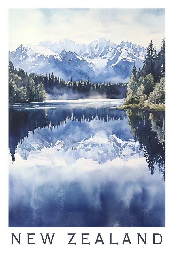 Aquarell eines Sees mit Bäumen und Bergen im Hintergrund Aquarell eines Sees mit Bäumen und Bergen im Hintergrund