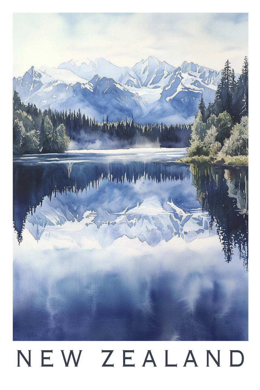 Aquarell eines Sees mit Bäumen und Bergen im Hintergrund