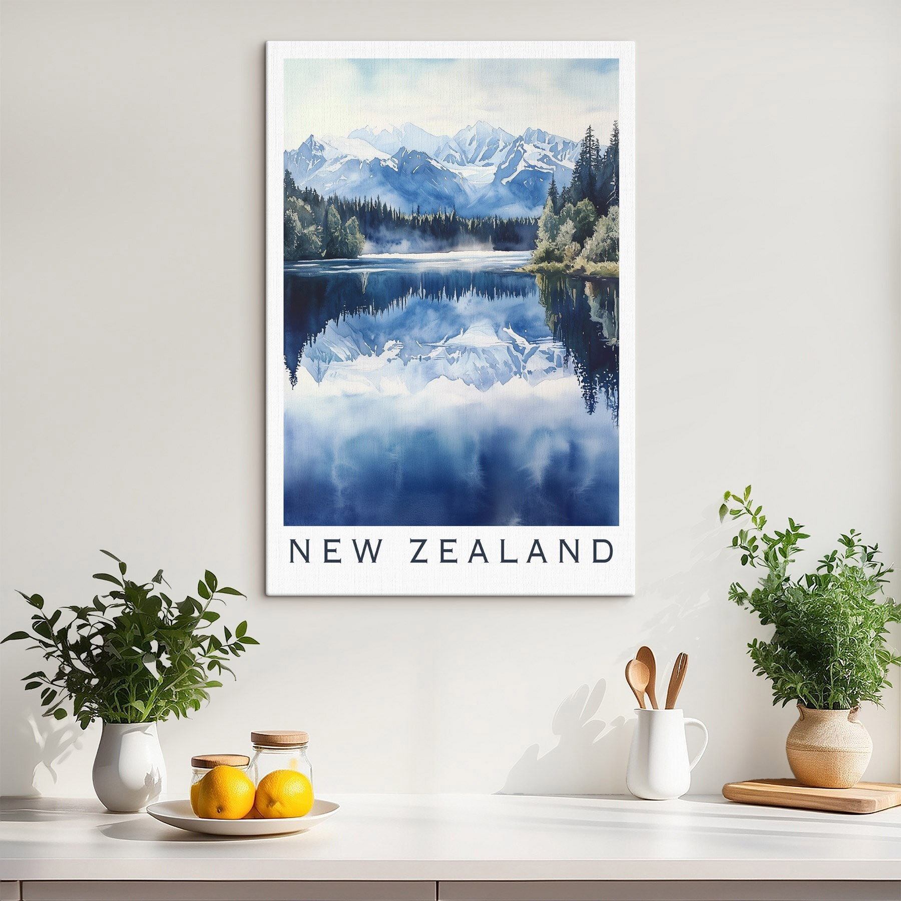 Watercolor of a lake with trees and mountains in the background Watercolor of a lake with trees and mountains in the background