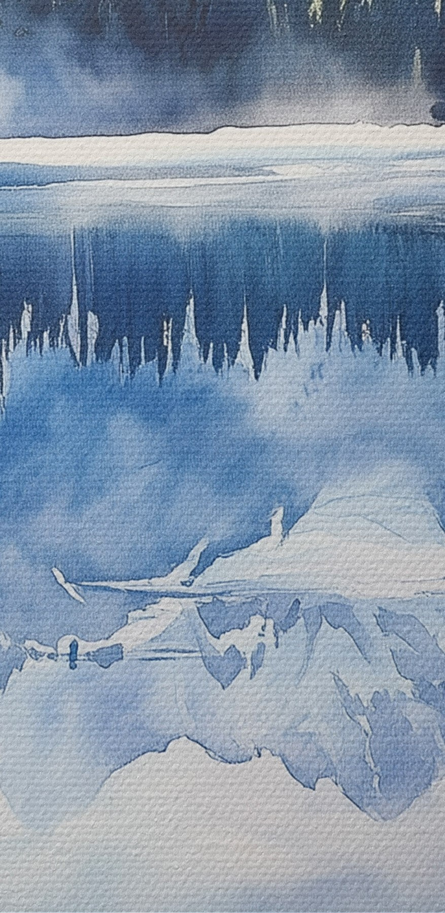 Aquarell eines Sees mit Bäumen und Bergen im Hintergrund