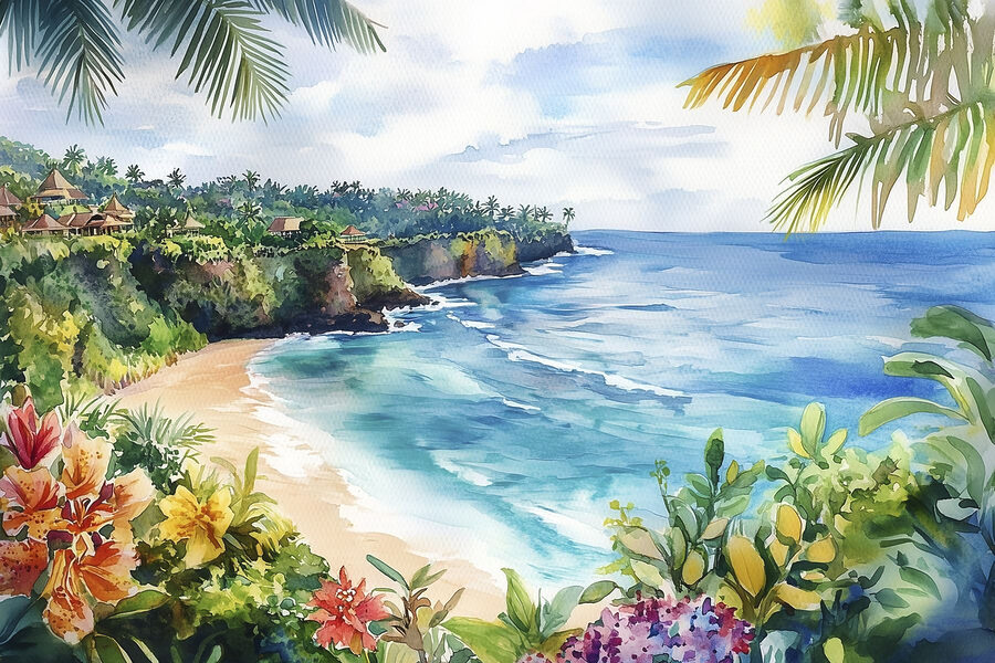 Aquarell eines Strandes und des Meeres