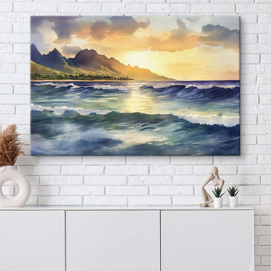Watercolor of waves and mountains in the background Watercolor of waves and mountains in the background