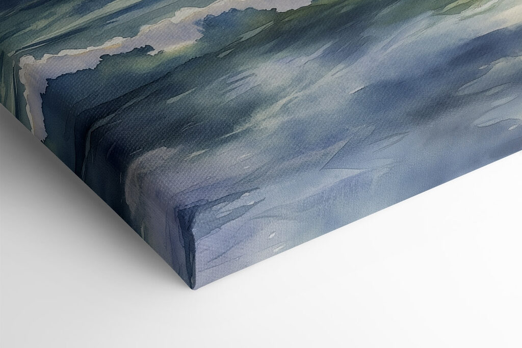 Watercolor of waves and mountains in the background Watercolor of waves and mountains in the background