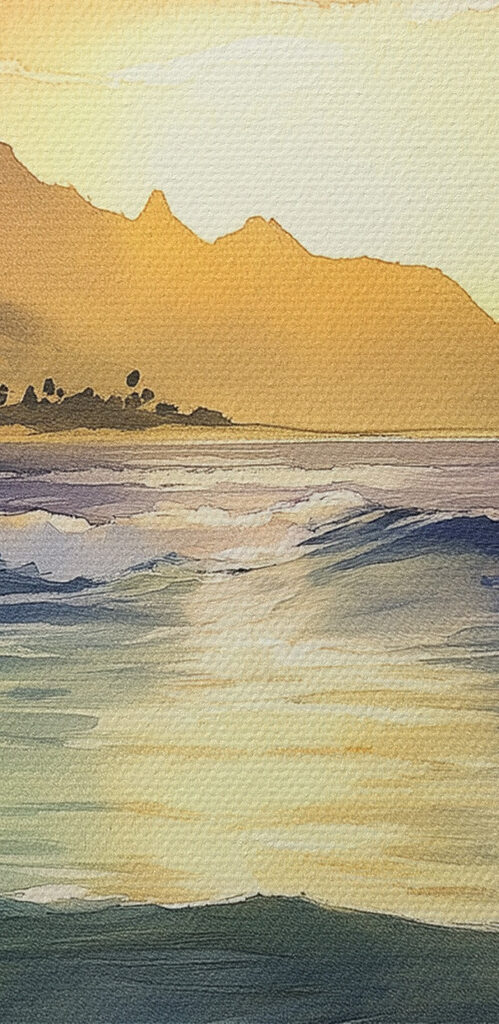 Watercolor of waves and mountains in the background Watercolor of waves and mountains in the background