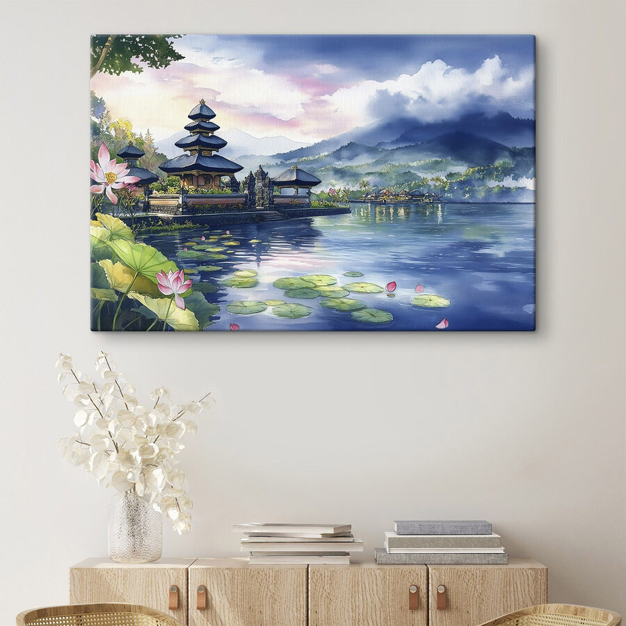 Aquarell eines Sees mit einer Pagode und Seerosenblättern