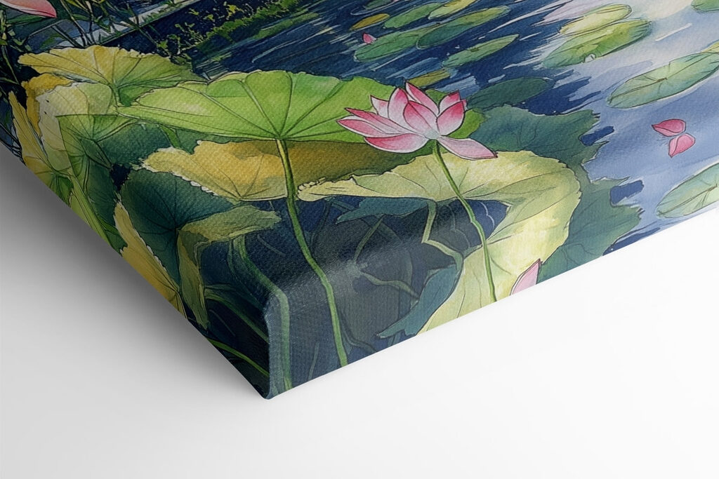 Watercolor painting of a lake with a pagoda and lily pads