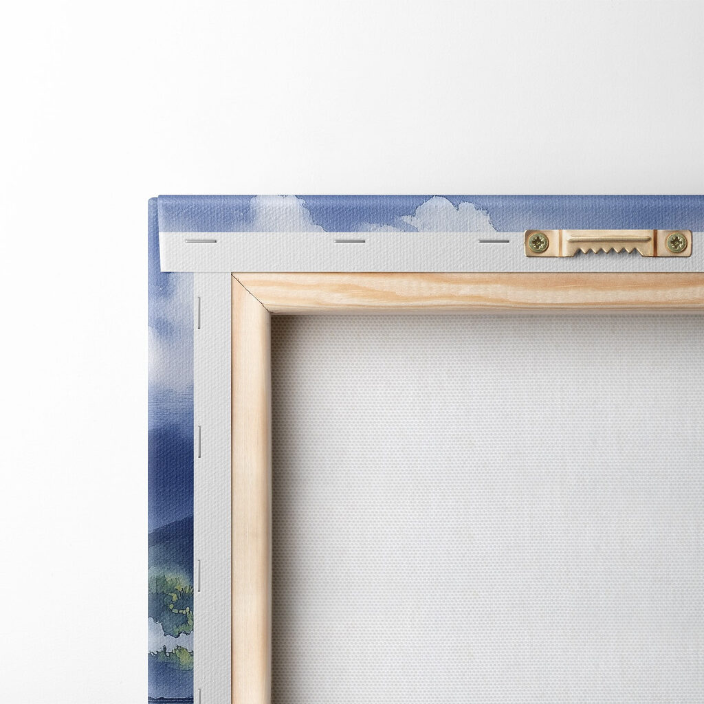 Watercolor painting of a lake with a pagoda and lily pads