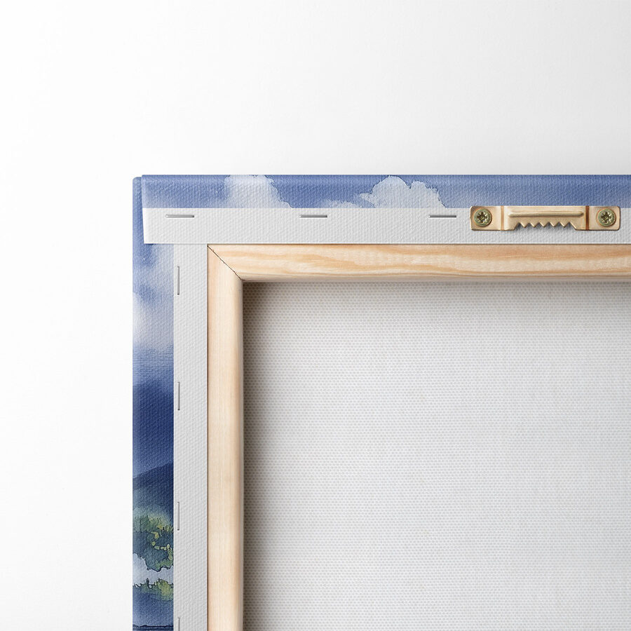 Aquarell eines Sees mit einer Pagode und Seerosenblättern