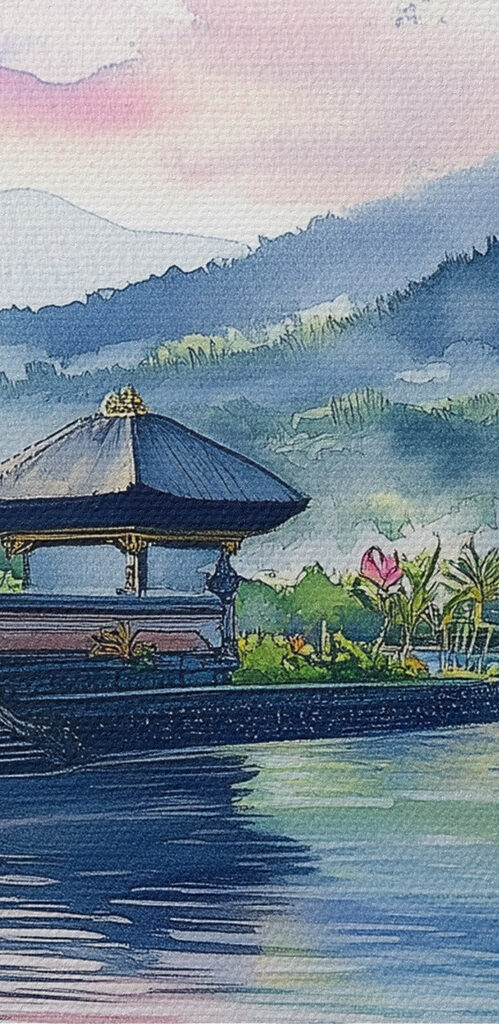 Watercolor painting of a lake with a pagoda and lily pads