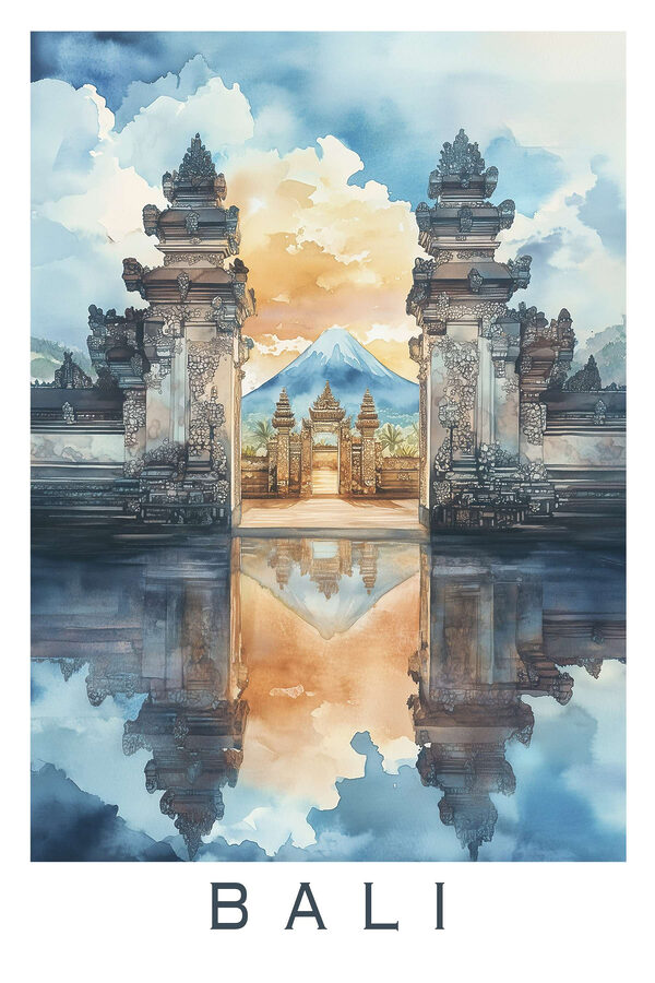 Aquarellmalerei eines Tempels mit einem Berg im Hintergrund Aquarellmalerei eines Tempels mit einem Berg im Hintergrund