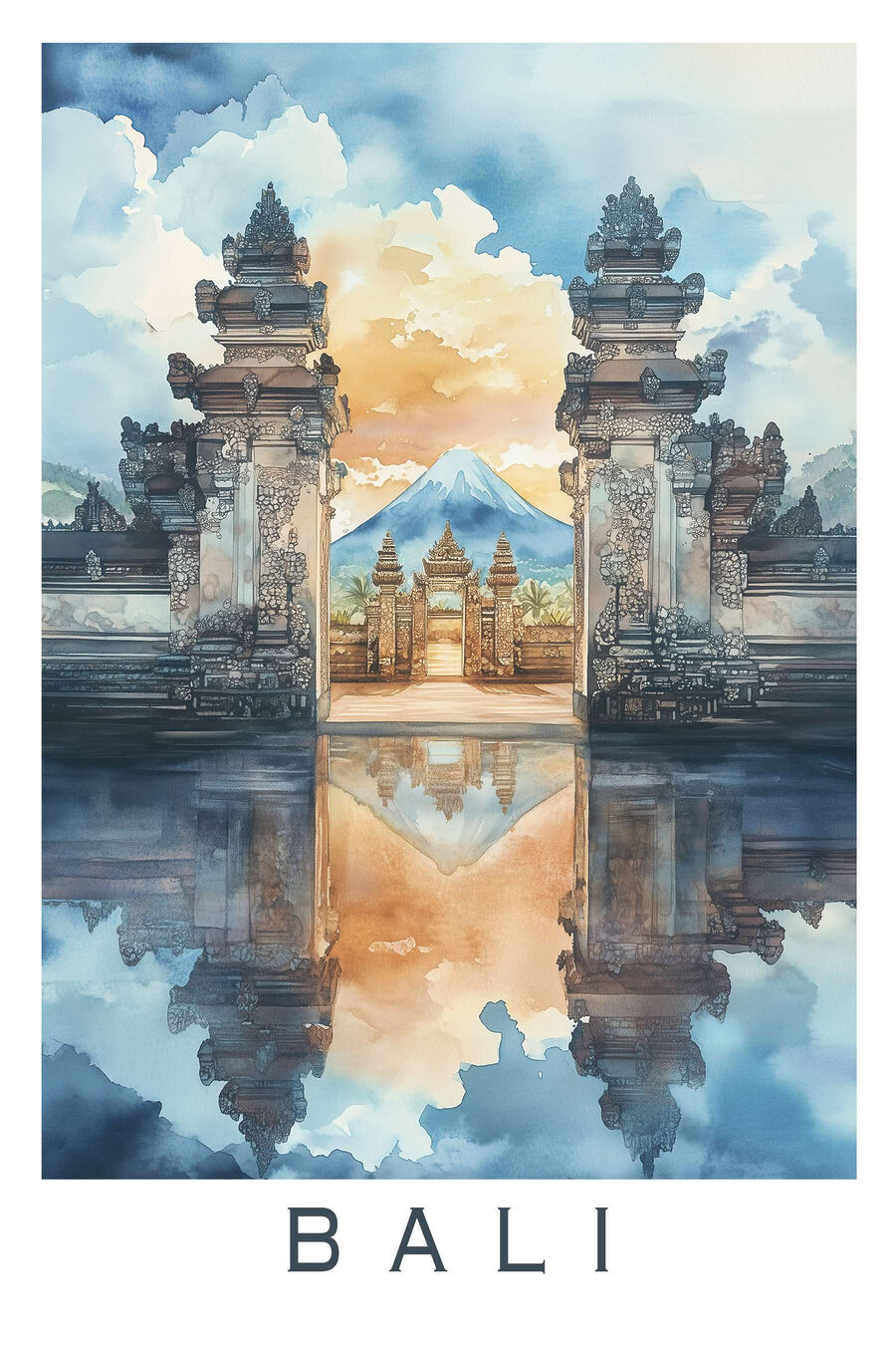 Aquarellmalerei eines Tempels mit einem Berg im Hintergrund Aquarellmalerei eines Tempels mit einem Berg im Hintergrund