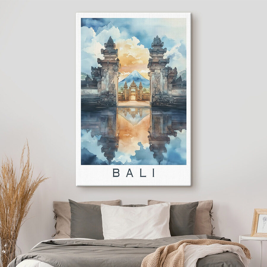 Aquarellmalerei eines Tempels mit einem Berg im Hintergrund Aquarellmalerei eines Tempels mit einem Berg im Hintergrund