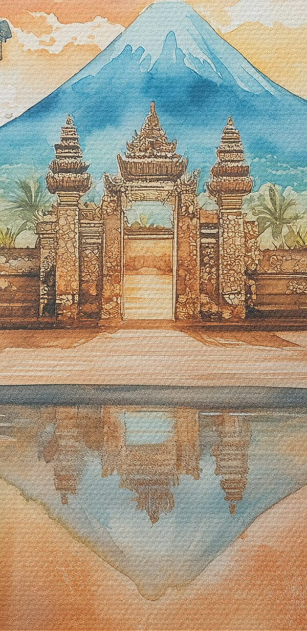 Aquarellmalerei eines Tempels mit einem Berg im Hintergrund Aquarellmalerei eines Tempels mit einem Berg im Hintergrund
