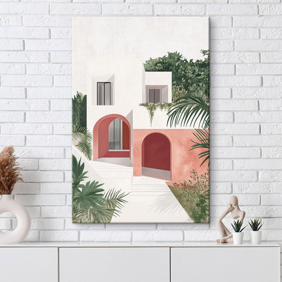 Weißes und rosa Haus mit Bäumen