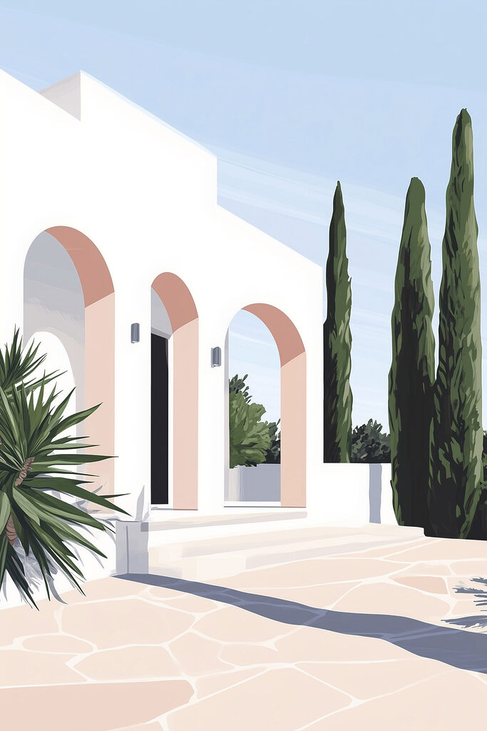White building with pink arches and trees