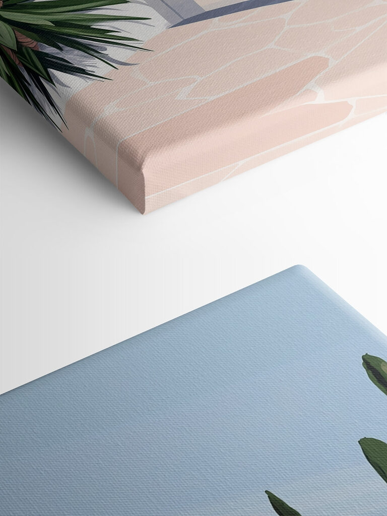 White building with pink arches and trees