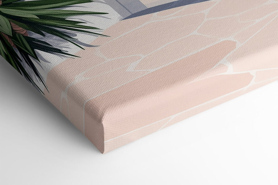 Weißes Gebäude mit rosa Bögen und Bäumen Weißes Gebäude mit rosa Bögen und Bäumen