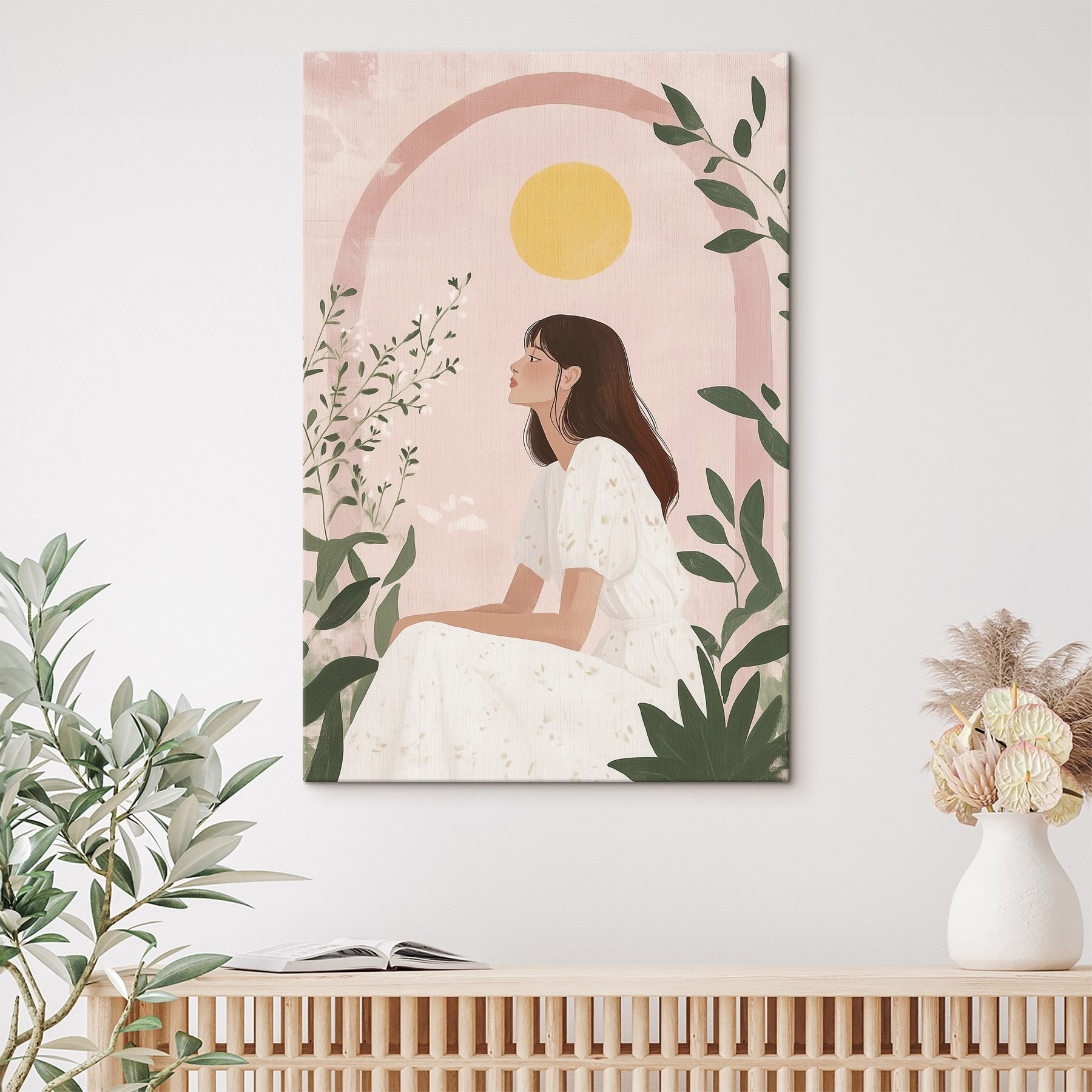 Woman sitting in a white dress