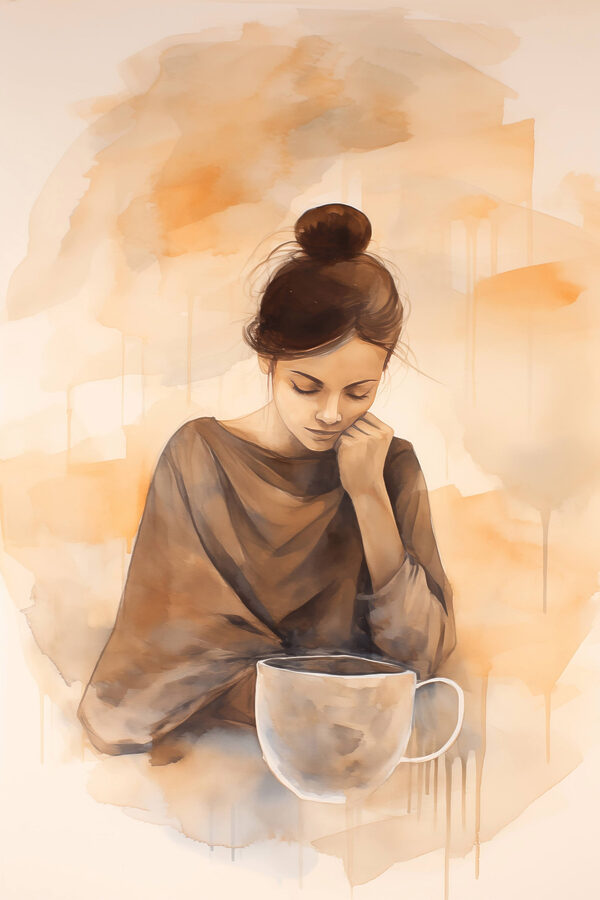 Frau mit der Hand im Gesicht, die auf eine Tasse Kaffee hinunterschaut Frau mit der Hand im Gesicht, die auf eine Tasse Kaffee hinunterschaut