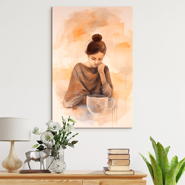 Frau mit der Hand im Gesicht, die auf eine Tasse Kaffee hinunterschaut Frau mit der Hand im Gesicht, die auf eine Tasse Kaffee hinunterschaut