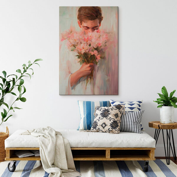 Gemälde eines an Blumen riechenden Mannes Gemälde eines an Blumen riechenden Mannes