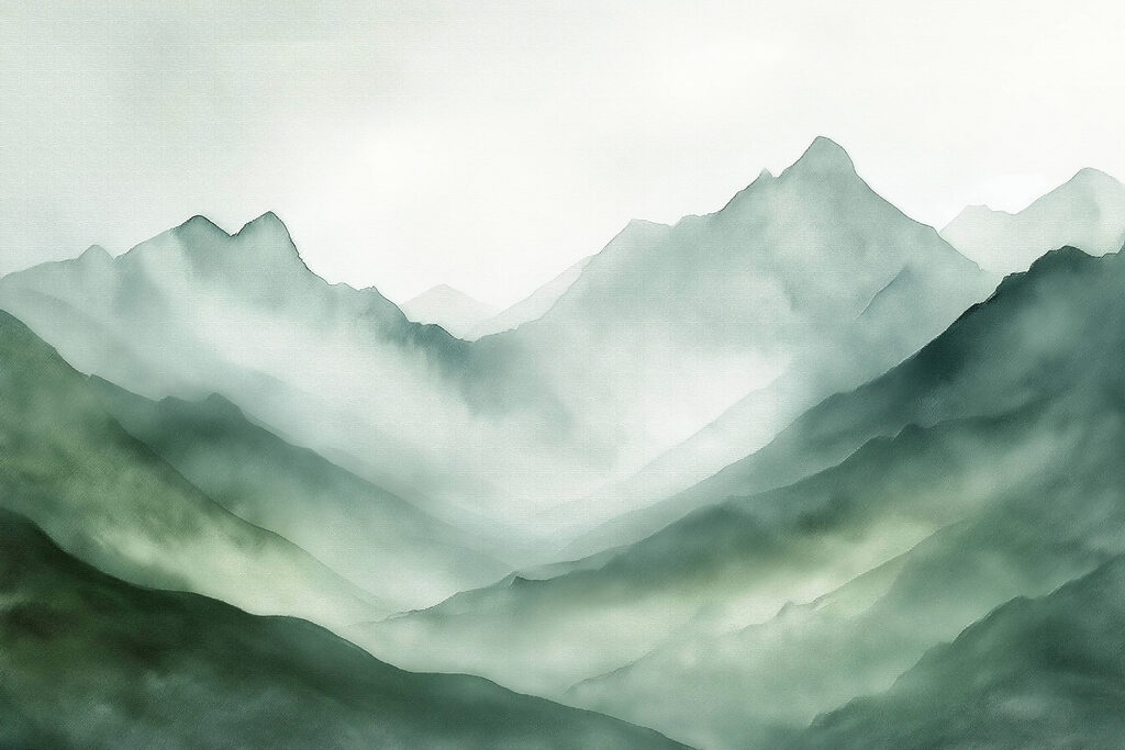 Painting of mountains and fog