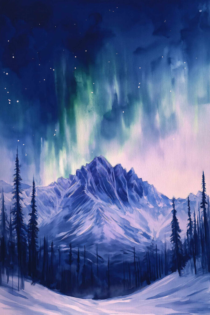 Painting of a mountain with trees and aurora borealis Painting of a mountain with trees and aurora borealis