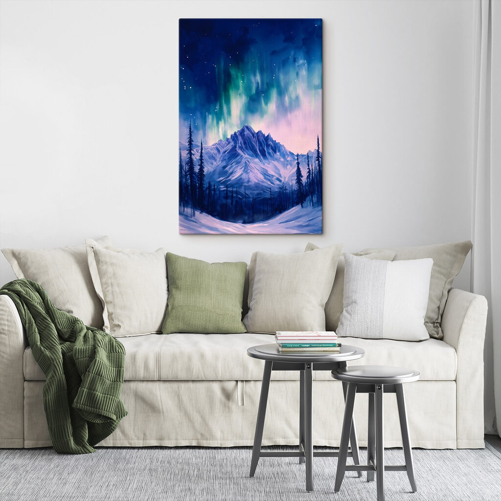 Painting of a mountain with trees and aurora borealis Painting of a mountain with trees and aurora borealis