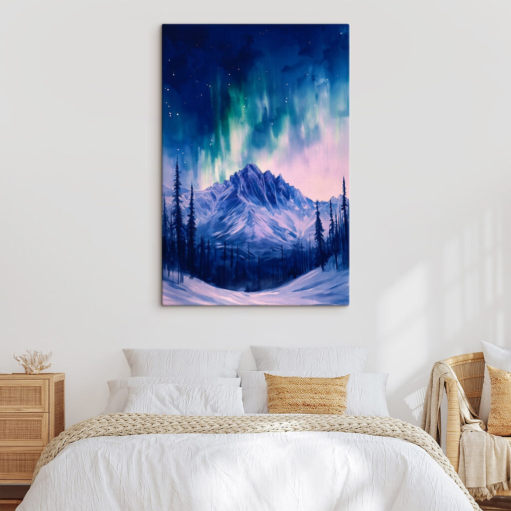 Painting of a mountain with trees and aurora borealis Painting of a mountain with trees and aurora borealis