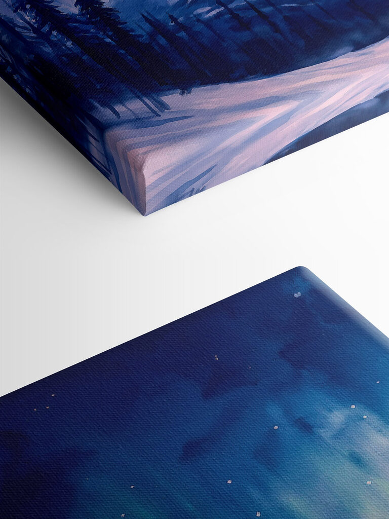 Painting of a mountain with trees and aurora borealis Painting of a mountain with trees and aurora borealis