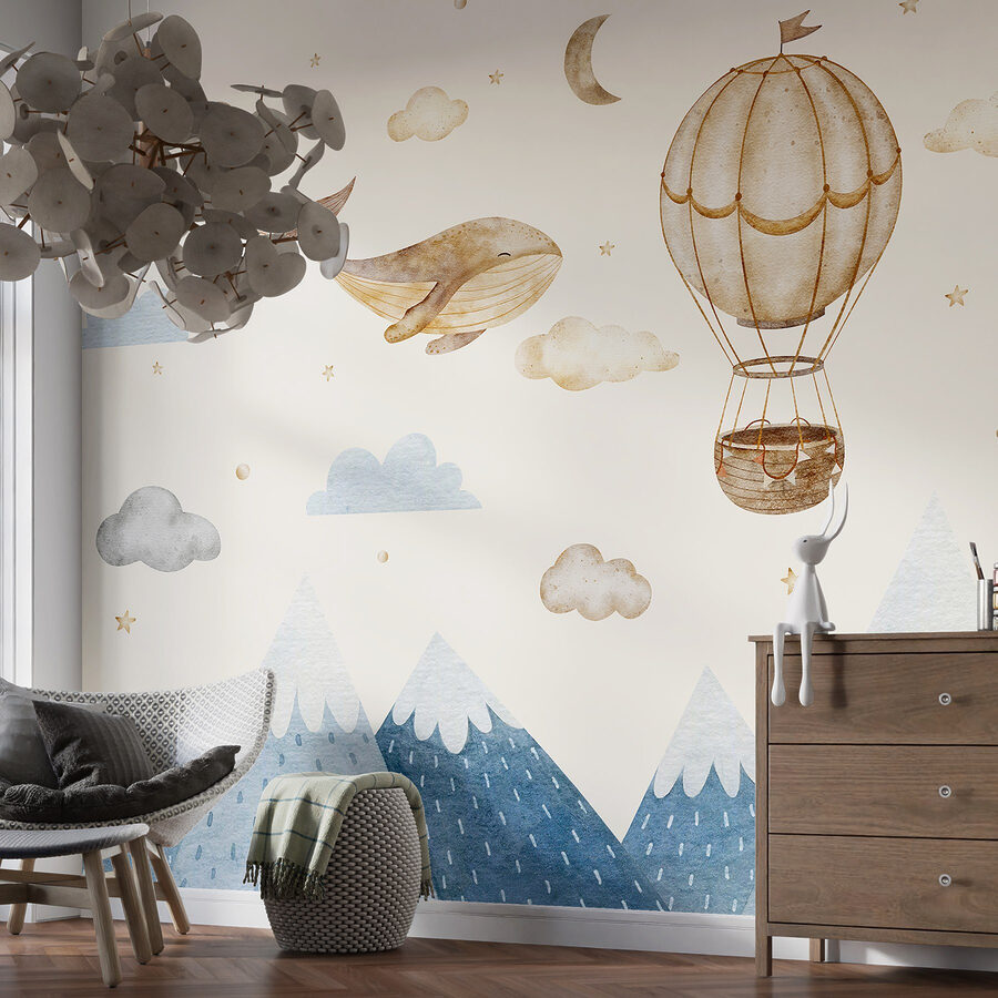 Wal und Heißluftballon am Himmel