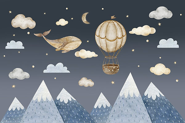 Wal und Heißluftballon am Himmel Wal und Heißluftballon am Himmel