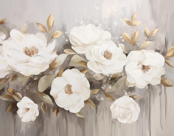Malerei von weißen Blumen und Blättern Malerei von weißen Blumen und Blättern