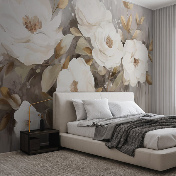 Malerei von weißen Blumen und Blättern Malerei von weißen Blumen und Blättern